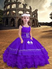  Lavender Satin and Organza Zipper Little Girls Pageant Dress Wholesale Sleeveless Floor Length Embroidery and Ruffled Layers