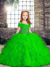 Customized Green Tulle Lace Up Little Girls Pageant Gowns Sleeveless Floor Length Beading and Ruffles