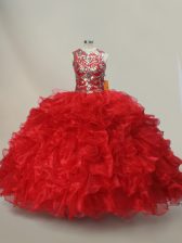 Elegant Ruffles and Sequins 15th Birthday Dress Red Lace Up Sleeveless Floor Length