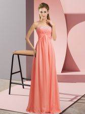 On Sale Watermelon Red Chiffon Lace Up Prom Dress Sleeveless Floor Length Beading