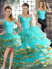 Custom Fit Aqua Blue Off The Shoulder Lace Up Beading and Ruffled Layers Quince Ball Gowns Sleeveless