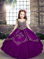  Eggplant Purple and Purple Straps Lace Up Embroidery Kids Pageant Dress Sleeveless