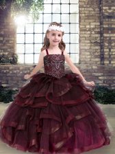 Trendy Burgundy Pageant Gowns For Girls Party and Wedding Party with Beading and Ruffles Straps Sleeveless Lace Up