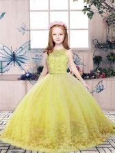 Inexpensive Yellow Green Tulle Backless Scoop Sleeveless Floor Length Evening Gowns Lace and Appliques