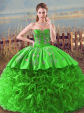 Glorious Fabric With Rolling Flowers Sleeveless 15th Birthday Dress and Embroidery and Ruffles