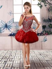 On Sale Red Organza Zipper Scoop Sleeveless Mini Length Homecoming Dress Beading and Ruffles