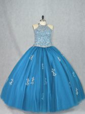  Sleeveless Tulle Floor Length Lace Up Sweet 16 Quinceanera Dress in Blue with Beading and Appliques