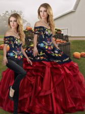 Cute Red And Black Off The Shoulder Lace Up Embroidery and Ruffles Vestidos de Quinceanera Sleeveless