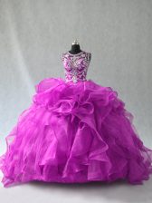  Floor Length Purple Quinceanera Gown Organza Sleeveless Beading and Ruffles