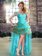 Eye-catching Sleeveless Organza High Low Lace Up Prom Gown in Aqua Blue with Beading and Ruffled Layers