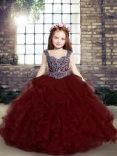  Burgundy Straps Lace Up Beading and Ruffles Pageant Gowns Sleeveless
