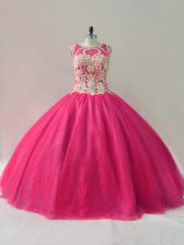  Hot Pink Sleeveless Tulle Lace Up Vestidos de Quinceanera for Sweet 16 and Quinceanera