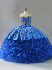 Sophisticated Royal Blue Sweetheart Neckline Embroidery and Ruffles 15th Birthday Dress Sleeveless Lace Up