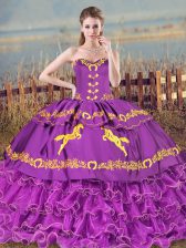  Purple Ball Gowns Organza Sweetheart Sleeveless Embroidery and Ruffled Layers Lace Up 15th Birthday Dress