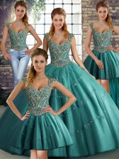 Cute Teal Ball Gowns Straps Sleeveless Tulle Floor Length Lace Up Beading and Appliques Ball Gown Prom Dress