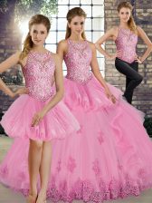 Romantic Floor Length Rose Pink Quinceanera Dresses Scoop Sleeveless Lace Up