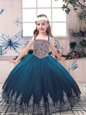  Teal Ball Gowns Straps Sleeveless Tulle Floor Length Lace Up Beading and Embroidery Pageant Dress for Womens