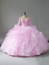 Charming Pink Lace Up Sweet 16 Dress Lace and Ruffles Long Sleeves Floor Length