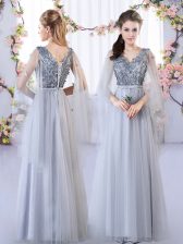  Sleeveless Tulle Floor Length Lace Up Dama Dress in Grey with Appliques