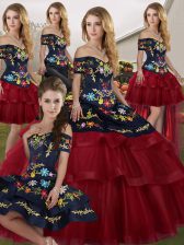 Attractive Wine Red Quinceanera Gowns Off The Shoulder Sleeveless Brush Train Lace Up