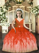  Rust Red Ball Gowns V-neck Sleeveless Tulle Floor Length Backless Beading and Ruffles Pageant Dress Wholesale