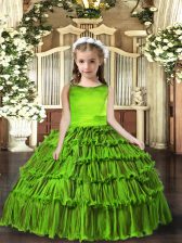  Olive Green Lace Up Pageant Gowns For Girls Sleeveless Floor Length Ruffled Layers