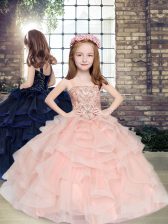  Peach Sleeveless Beading and Ruffles Floor Length Little Girl Pageant Dress