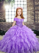  Ball Gowns Kids Formal Wear Lavender Straps Organza Sleeveless Floor Length Lace Up