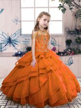 Cute Orange Red Ball Gowns Organza High-neck Sleeveless Beading Floor Length Lace Up Little Girl Pageant Dress