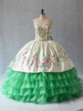 Extravagant Sleeveless Floor Length Embroidery and Ruffled Layers Lace Up Quince Ball Gowns with Apple Green