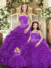 Unique Sleeveless Tulle Floor Length Lace Up Ball Gown Prom Dress in Purple with Beading and Ruffles