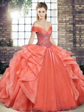 Dynamic Off The Shoulder Sleeveless Quinceanera Gowns Floor Length Beading and Ruffles Orange Red Organza