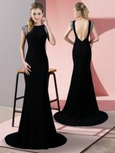 Fashionable Black Dress for Prom High-neck Short Sleeves Brush Train Backless