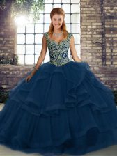 Traditional Sleeveless Tulle Floor Length Lace Up Sweet 16 Quinceanera Dress in Blue with Beading and Ruffles