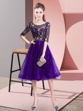 Deluxe Purple Empire Embroidery Quinceanera Dama Dress Lace Up Tulle Half Sleeves Knee Length