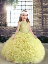  Yellow Green Fabric With Rolling Flowers Lace Up Little Girls Pageant Dress Wholesale Sleeveless Floor Length Beading