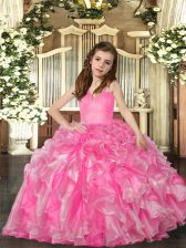  Rose Pink Sleeveless Floor Length Ruffles Lace Up Little Girl Pageant Dress