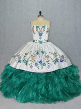 Popular Sleeveless Floor Length Embroidery and Ruffles Lace Up Vestidos de Quinceanera with Turquoise
