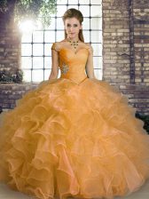 Discount Orange Organza Lace Up Off The Shoulder Sleeveless Floor Length Quince Ball Gowns Beading and Ruffles
