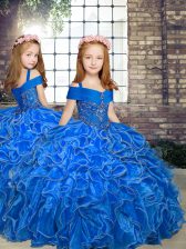 Low Price Blue Little Girl Pageant Gowns Party and Military Ball and Wedding Party with Beading and Ruffles Straps Sleeveless Lace Up
