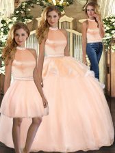 Fancy Peach Ball Gowns Organza Halter Top Sleeveless Beading Floor Length Backless 15th Birthday Dress