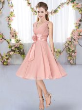  Pink Lace Up V-neck Hand Made Flower Dama Dress for Quinceanera Chiffon Sleeveless