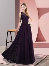 Designer Sleeveless Chiffon Floor Length Zipper Prom Gown in Dark Purple with Lace