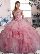 Decent Off The Shoulder Sleeveless Lace Up Quinceanera Gowns Watermelon Red Organza