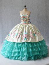 Beautiful Aqua Blue Sweetheart Neckline Embroidery and Ruffled Layers Vestidos de Quinceanera Sleeveless Lace Up
