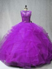 Nice Scoop Sleeveless Quinceanera Gown Brush Train Beading and Ruffles Purple Tulle