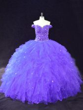  Sleeveless Tulle Floor Length Lace Up Quinceanera Dresses in Purple with Beading