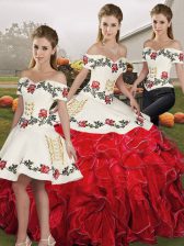 Hot Selling Embroidery and Ruffles Quinceanera Dress White And Red Lace Up Sleeveless Floor Length