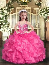  Hot Pink Little Girl Pageant Dress Party and Wedding Party with Beading and Ruffles Straps Sleeveless Lace Up