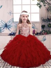  Floor Length Ball Gowns Sleeveless Red Pageant Gowns For Girls Lace Up